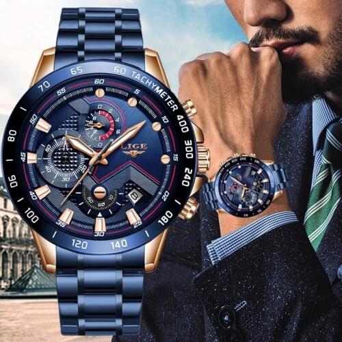 LIGE Watches Men Top Brand Luxury Blue Sports Chronograph Clock Fashion Military Quartz Full Steel Wristwatch Reloj de Hombre