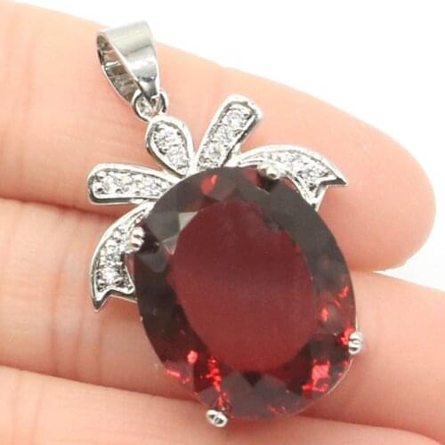 39x24mm SheCrown Elegant Big Oval Created Pink Raspberry Rhodolite Garnet Bright Zircon Women Engagement Silver Pendant