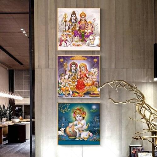 Lord Ganesha Laxmi Saraswati Painting on Canvas God Ganesha Poster Diwali Pooja Decorations Prints Wall Art Home Decor Cuadros