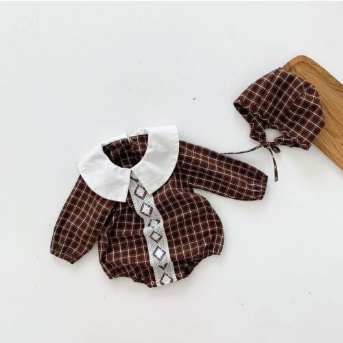 Cute Rompers Baby Girls Clothes Jumpsuit Romper Toddler Newborn Outfits Long Sleeve Plaid Lace One Piece Jumpsuits with Hat