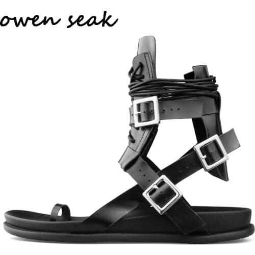 Owen Seak Men Rome Sandals Black Shoes Gladiator Sandals High-Top Owen Genuine Leather Slippers Slides Summer Men Sandals