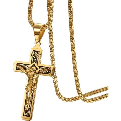 BONISKISS Mens Necklace High Quality Stainless Steel Cross Gold Long Pendant Suspension Necklaces Male Jewelry