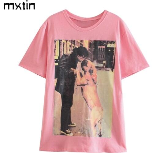 MXTIN 2021 Summer Vintage Man And Dog Print T Shirt Women Casual Long Top Tees Short Sleeve O-neck Loose Female Harajuku T-Shirt