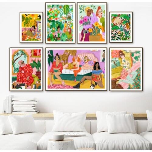 Nordic Poster Wall Picture For Living Room Decoration Abstract Colorful Boho Girl Mosaic Plant Print Canvas Painting