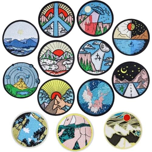 Landscape Scenery Oil Painting Iron On Patches For Clothing Cute Diy Embroidery Stripe Patches Applique Badges On Kids Clothes