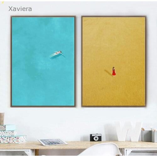 Nordic Posters and Prints Girl Swimming Wheat Field Cartoon Wall Art Canvas Painting Blue Yellow Picture Bedroom Home Decoration