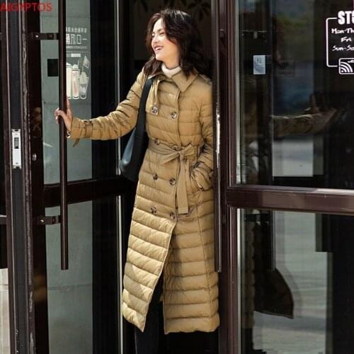 New winter 11.11 Slim temperament long paragraph over the knee thin warm white duck down jacket women 2020