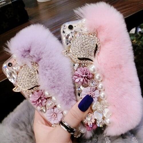 Luxury Bling Warm Soft Beaver Rabbit Fur Hair & Flowers TPU Phone Cases For iphone 12 11 Pro MAX X XS MAX XR 6s 7 8Plus Cases
