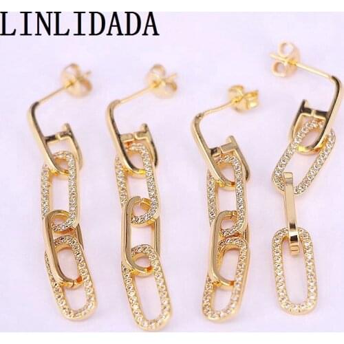 5Pair Gold Color Earring For Women Sparking Cubic Zirconia Clear CZ Link Chain Charms Dangling Earrings