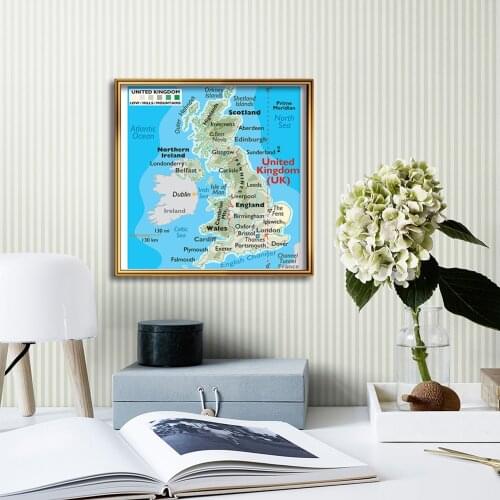 60*60cm The United Kingdom Topography Map Canvas Painting Wall Art Poster Classroom Home Decoration Children School Supplies
