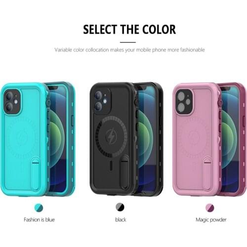 Black/Grass Blue/Pink Magnetic Wireless Charging Waterproof Phone Protective Case With Kickstand For iPhone 12 Pro Max 12 Mini