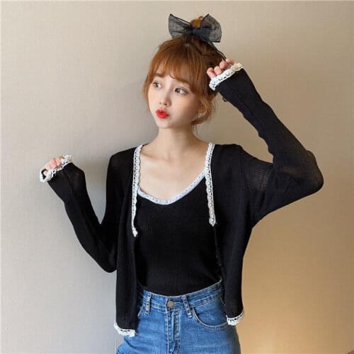 Woman Sweaters Cardigan 2021 Womens Spring Clothing Knitted Long-Sleeve Shirt Lace Shawl Top Vest Two-Piece Set