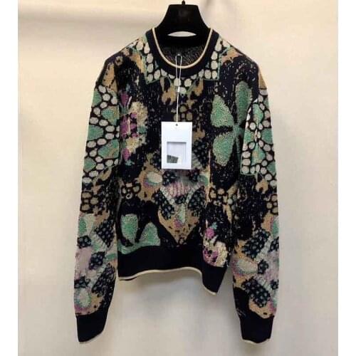 Autumn Womens Sweater 2021 Runway Floral Embroidered 4-Leaf-Clover Long Sleeve O-Neck Pullover Top Outwear Soft Wool