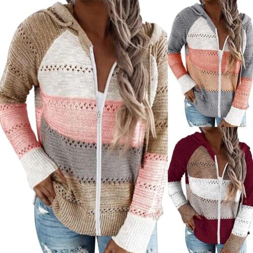Women Autumn Long Sleeve Color Block Hollow Out Knitted Hooded Sweater Coat Block Hollow Out Knitted Hooded Sweater Coat