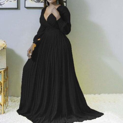 Deep V Neck Women Dress Elegant Long Sleeve Party Dresses Temperament High Waist Plus Size Fashion Maxi Dress Pleated Dress Robe