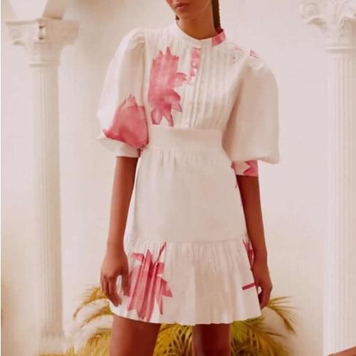 Hot Sale Flower Print Women Dress Lantern Sleeve A-Line Dresses 3232