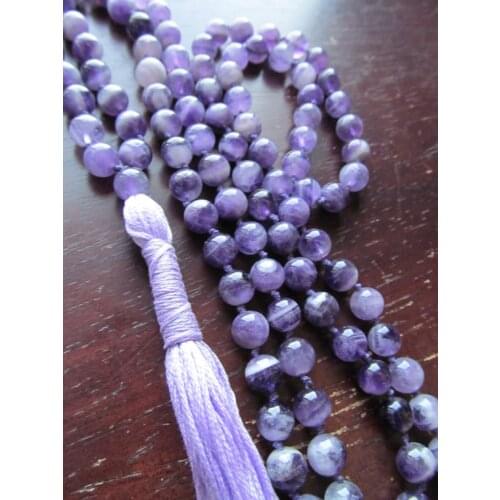 108 Mala Beads Knotted Necklace Purple Quartz Mala Beads Necklace Tassel Necklaces Yoga Prayer Meditation Jewelry