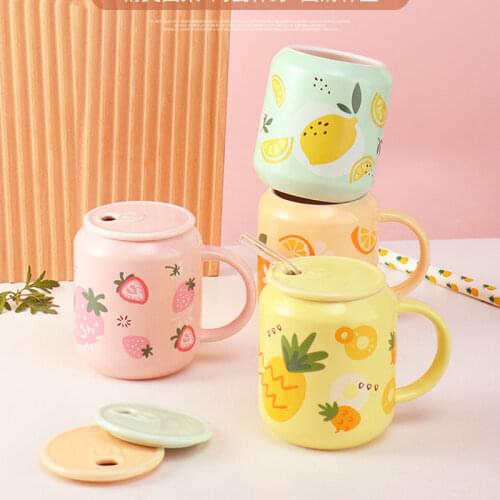 400ml Cute Fruits Summer Mugs Creative Can Cartoon Ceramic Mug With Straw Lid Milk Tea Mug Office Home Travel Coffee Water Cup