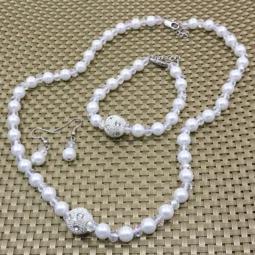 Bohemia style white simulated-pearl shell 8mm round beads abacus crystal necklace bracelet earrings for women jewelry set B3181