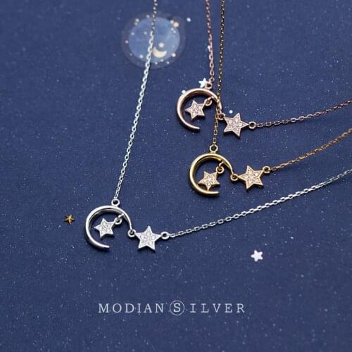 Modian Genuine Sterling Silver 925 Dazzling Zircon Star Moon Pendant Necklace for Women Fashion 3 Color Necklace Fine Jewelry