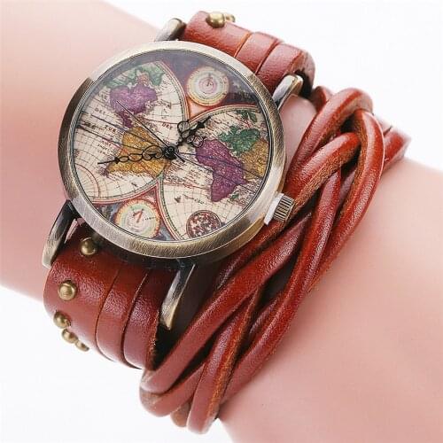 Vintage Retro Rivet Braided Genuine Leather World Map Watch Casual Women Antique Quartz Dress Wrist Watch Relogio Feminino