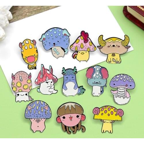 12 Style Mushroom Animals Brooches Custom the Chinese zodiac Rat Rabbit Snake Horse Sheep Dog Enamel pin Badges For Kids Jewelry
