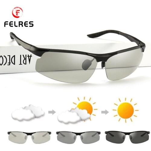 FELRES Men Aluminum Magnesium Frame Photochromic Polarized Sunglasses UV400 Outdoor Driving Fishing Glasses With Box 8003