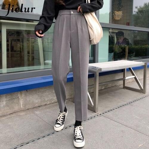Jielur Black Grey Suit Pants Women Chic High Street Casual Formal Straight Pants Office Lady Workwear Trousers Pocket S-L Femme