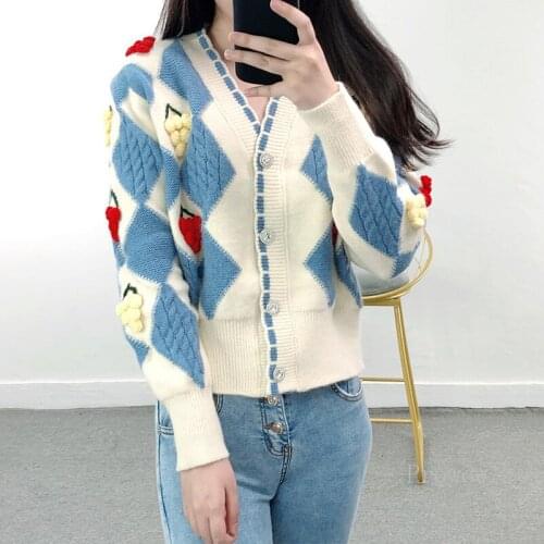 Hand Hook 3D Cherry Cute Cardigans 2021 New Contrast Color Argyle Plaid Cardigan Women V Neck Knit Jacktet Sweater Coat
