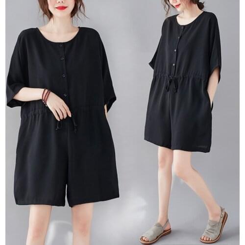 Plus Size Summer New Women Rompers Pocket Casual Short Sleeve Loose Jumpsuit Korean Black Pant Lady Trousers Playsuit Ropa Mujer
