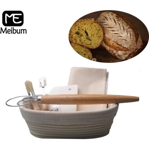 Meibum Oval Banneton 6Pcs Set Bread Fermentation Rattan Basket Linen Liner Dough Knife Scraper Brotform Proving Baking Tools