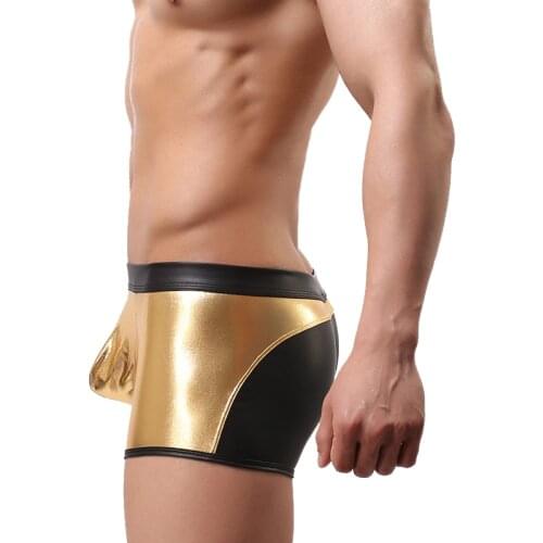 Men Boxers Underwear Sexy Gay U Convex Penis Pouch Slip Underpants Nightclub Stage Show Faux Leather Panties Homme Boxershorts