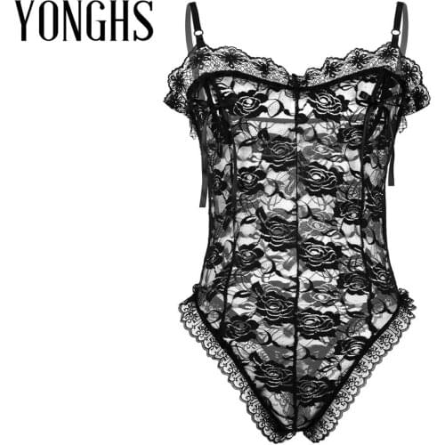 Mens Erotic Lingerie Sissy Bodysuit See Through Lace Floral Nipple Splits with Ribbon Sexy Sissy Crossdressing Thong Bodysuit