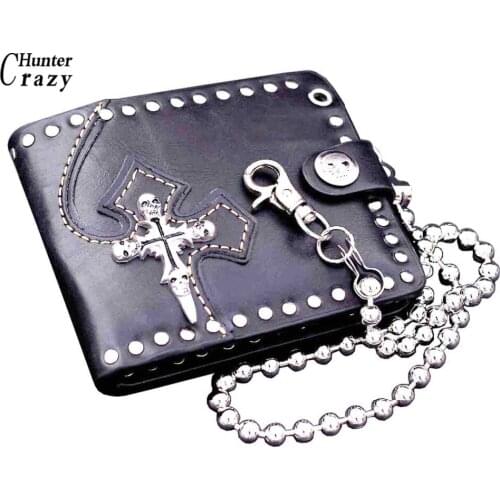 Mens Cool Biker Punk Skull Leather Wallet Purse with a Long Chain Man Gift