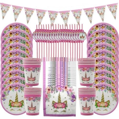 51/81pcs Rainbow Unicorn Party Set Disposable Tableware Paper Plate Cup Napkin Garland Unicornio Unicorn Birthday Party Supplies