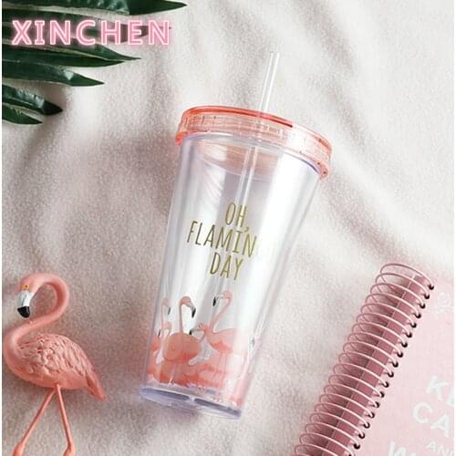 500ml Flamingo Plastic travel Tea Coffee mug straw Cup tubule with lid Cute Cartoon Drinking Double Wall for Milk Juice Water