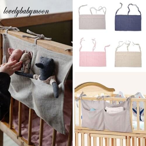 Literary cotton and linen Baby Bed Hanging Storage Bags Newborn Crib Organizer Toy Diaper Pocket for Crib Bedding Set Accessorie