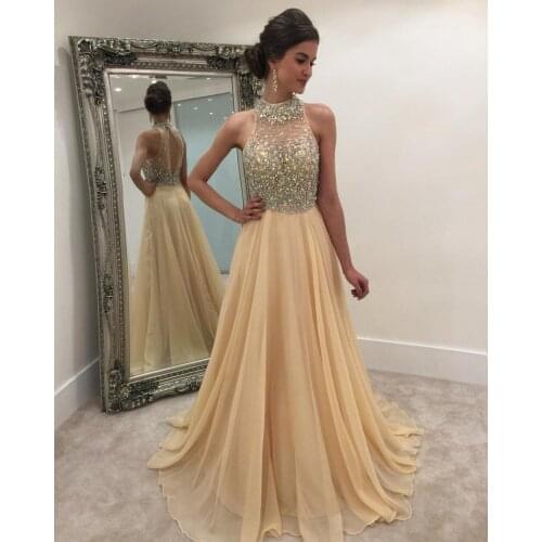 Sexy Champagne Long Evening Dress 2020 New Arrival Backless Halter Beads Ctystal A Line Special Occasion Prom Gowns Custom Made