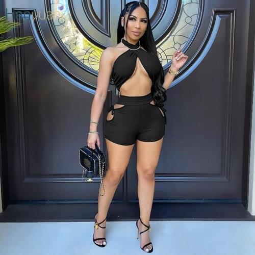 HAOYUAN Knitted 2 Piece Set Strapless Crop Top Bandage Hollow Biker Shorts Sexy Outfits for Women Summer Clubwear Matching Sets