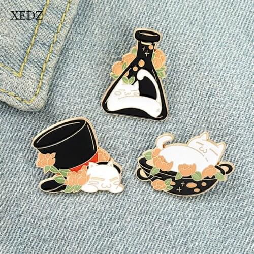 XEDZ 2021 New Black Lace Cat Hat Enamel Pendant Pink Flower Conical Bottle Lazy White Cat Pot Badge Jewelry Gift