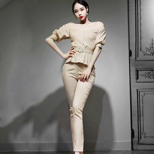 2020 Summer Modis Streetwear 2 Piece Set Women Slash Neck Blouse and Tight Print Striped Pants Ladies Two Piece Set Plus Size