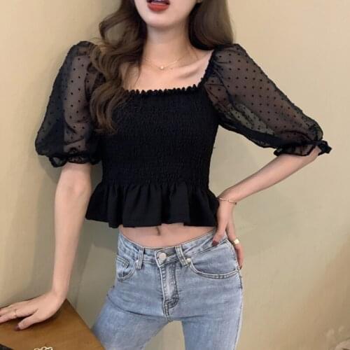 Blouses Women Short Sleeve Elegant Summer Chiffon See-through Top Female Slim Square Collar Sweet Street Wear Leisure Pleated