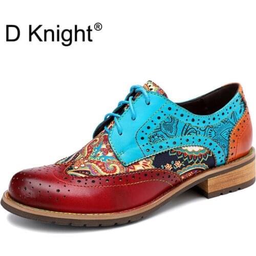 Genuine Leather Women Flats Oxfords Shoes Retro Carved Lace Up Lady Oxfords 2020 New Spring Casual Women Brogues Shoes Handmade