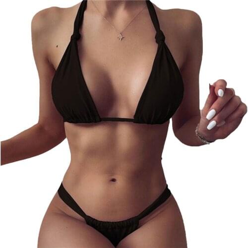 2 Pieces Ladies Swimwear Set Summer Solid Color Strappy Halterneck Bikini Tops+ Bikini Panties Bathingsuits Women Swimwear