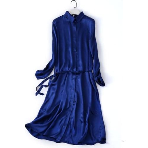 Women Summer Silk Dress Vintage Solid Natural silk dresses Elegant sapphire Dress Casual holiday real silk long shirt dress