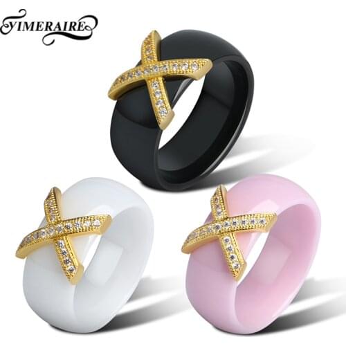 8mm Width Thick Finger Rings Ceramic Ladies Jewelry With Gold Cross Design Crystals For Women Fashion Statement Wedding Gifts