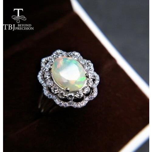 TBJ,Diversity quality ethiopian opal oval 8*10mm cut up natual colorful gemstone ring in 925 sterling silver for women with box