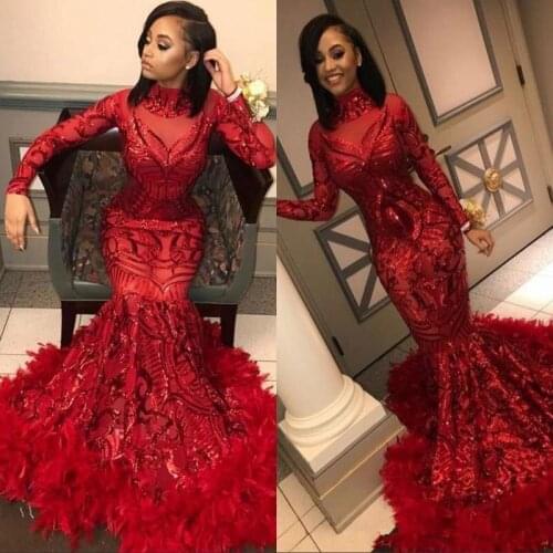 New Red Mermaid African Prom Dresses 2020 Feathers Train Long Sleeve Sequined High Neck Formal Evening Party Gowns
