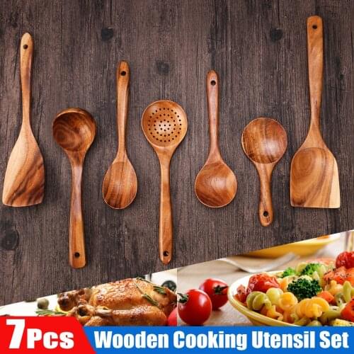 7x Teak Wooden Cooking Rice Spatula Scoops Kitchen Utensil Wok Shovel Set