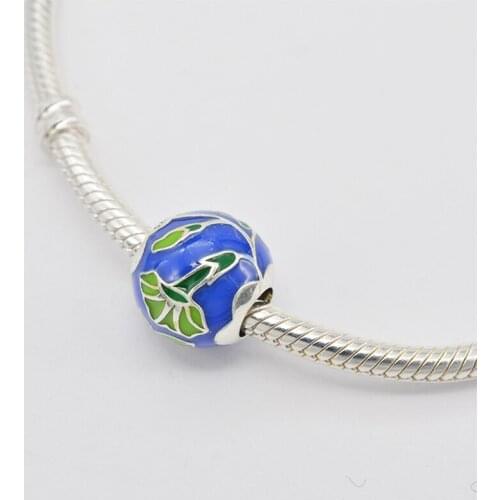 925 Sterling Silver Round Shape Blue Green Lotus Flower Leaf Pendant Charm Bracelet DIY Jewelry Making For Original Pandora